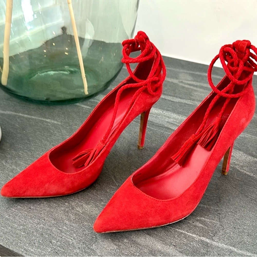 Joie Red Suede Pointed Heel with wrap tassle
